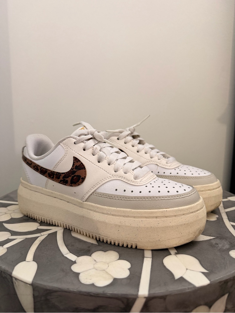 Nike White Platform Sneakers with Leopard Swoosh